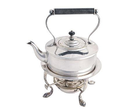 An Edwardian EPNS tea kettle and lamp stand, 28cm h, by Hukin &amp; Heath  Good condition
