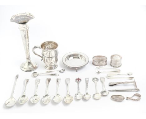 Miscellaneous English silver articles and flatware, William IV and later, to include a christening mug, napkin rings, vase an