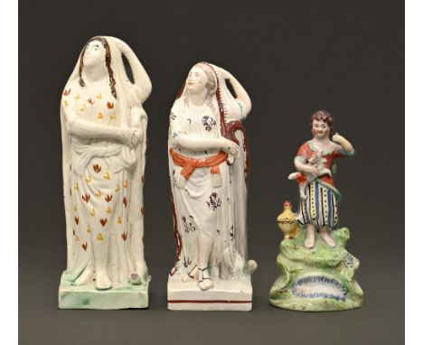 Two similar Staffordshire pearl glazed earthenware figures of Hope, c1800,  with overglaze painted decoration, one in the Pra