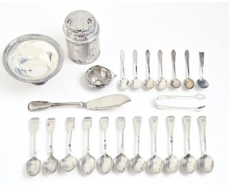 A Dutch silver canister and cover, c1900, a silver tea strainer, a silver sweetmeat dish, 11cm diam, by James Dixon &amp; Son