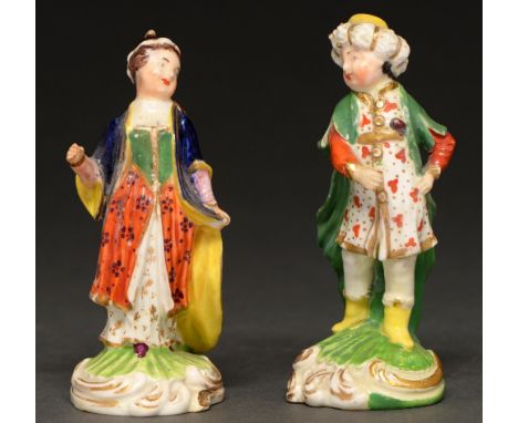 A pair of Derby miniature figures of a boy and girl in Turkish costume, c1820, 63mm h, incised No 63  Some professional resto