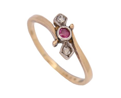 A three stone ruby and diamond ring, in 18ct gold, marks rubbed, 1.9g, size J  Setting worn