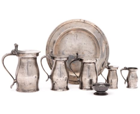 Four graduated English pewter measures with bird thumbpiece, 18th c, 16cm - 95mm h, three other pewter articles, comprising a