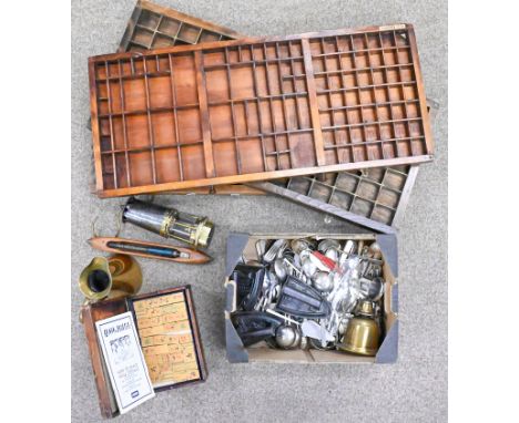 Miscellaneous items, including Victorian irons, a Davey lamp, boxed game of mahjong and three printers trays, etc  