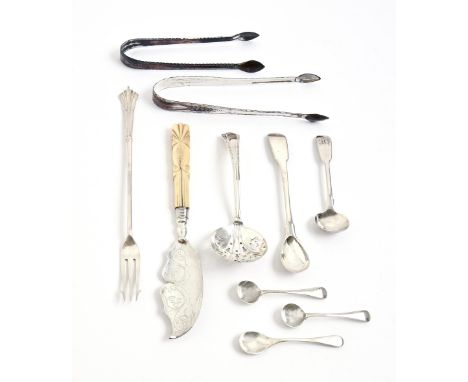 Two pairs of Sheffield Plate sugar tongs, c1790, Feather Edge pattern and miscellaneous small silver flatware, to include a V