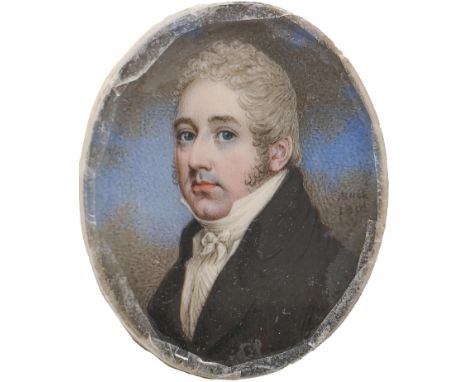 Adam Buck (1759-1833) - Portrait Miniature of a Gentleman, in white stock and dark brown coat, sky background, signed and dat