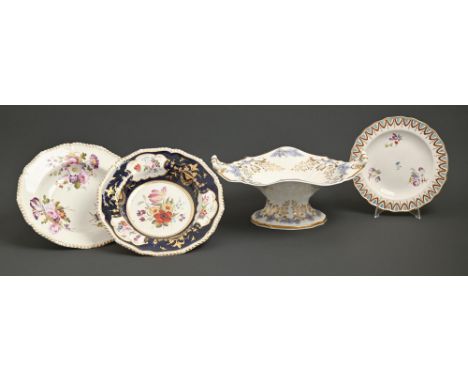 A H&amp;R Daniel lilac sprigged comport, c1825, of Cusped shape and gilt, 33.5cm over handles, a Derby dessert plate, c1790-9