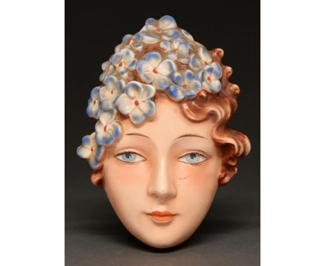 A W. Goebel Art Deco painted earthenware wall mask, c1930, 16cm h, impressed mark  Good condition