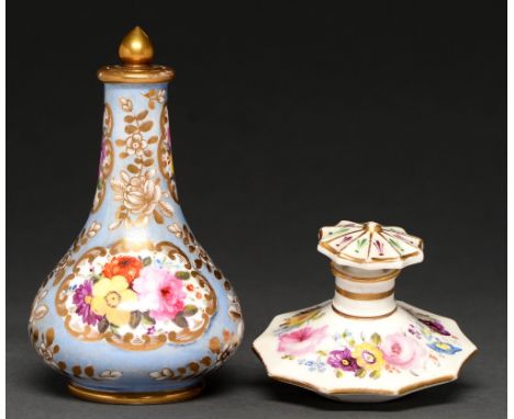 A Spode scent bottle and stopper, c1830, painted with four floral reserves on a light blue and gilt ground, 12.5cm h, painted