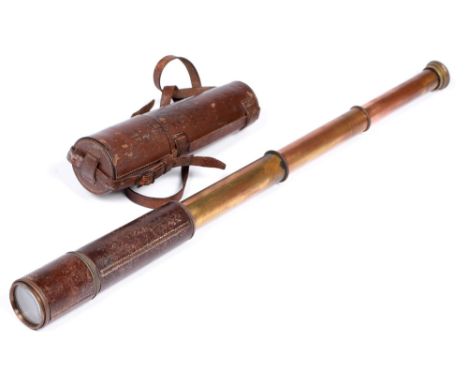 A British military issue 2" brass refracting telescope, marked Mk II S, H. C. R. &amp; Son Ltd, early 20th c, stitched leathe