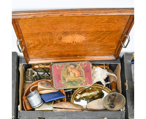 An Edwardian inlaid oak tea tray, a brass hand bell, abacus, seashells, etc  