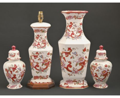 A Masons Mandalay Red pattern vase, lamp and pair of jars and covers, 20th / 21st c, vase 43cm h, printed mark  Good conditio