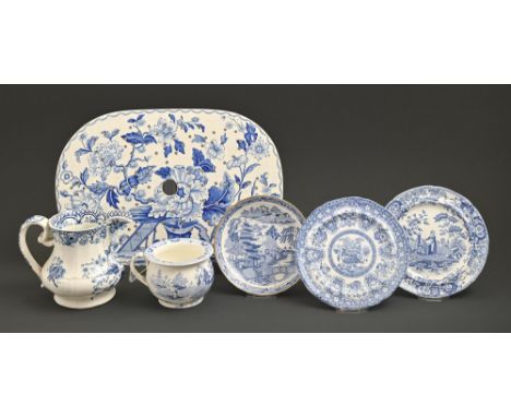 A Thomas Fell blue printed earthenware jug, c1820, 12cm h, impressed mark and NEWCASTLE and other blue printed ware, includin
