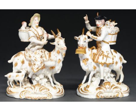 A pair of Derby white and gilt figures of the Welsh Tailor and his Wife, c1820, 14cm h, incised No 62, red painted mark  Tail