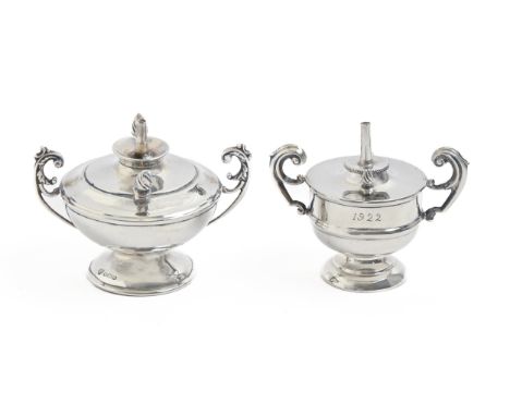 An Edwardian silver cigar lamp, 73mm h, by Hawksworth, Eyre &amp; Co Ltd, Sheffield 1905 and another, smaller, by J Gloster L