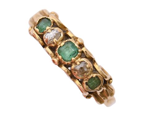 An emerald and diamond ring, 19th c, in gold, 1.9g, size G½  Stones all present and apparently original, smaller emeralds som