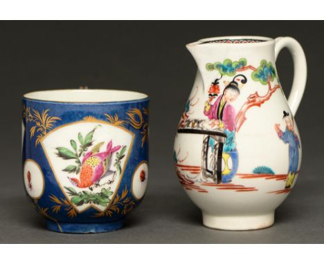 A Worcester powder blue ground coffee cup, c1768,&nbsp; painted with fan shaped panels of 'agitated birds', 68mm h and a Worc