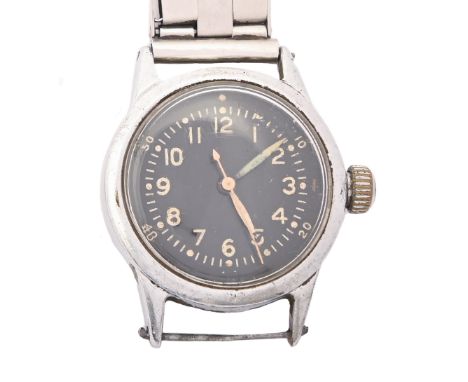 A WWII British Air Ministry issue plated wristwatch, Waltham movement No 31444/853, 31mm diam, marked on case back Broad Arro