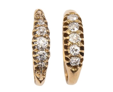Two similar five stone diamond rings, with old cut diamonds, in gold or 18ct gold, one Chester, probably 1885, the other appa