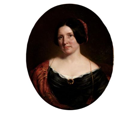 English School, 19th c – Portrait of a Lady, bust length in a black dress with gold jewellery, oil on canvas, oval, 41.5cm  L