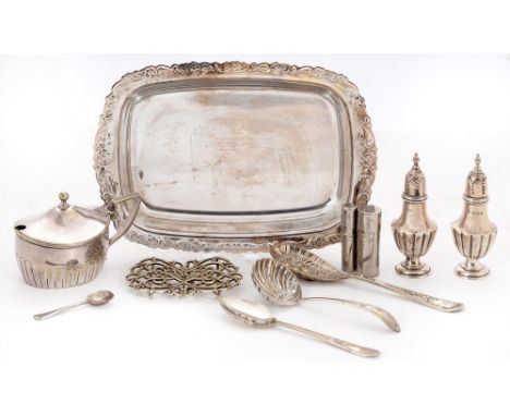 A pair of Edwardian silver pepperettes, 95mm h, by W Hutton &amp; Sons Ltd, Birmingham 1901, 1oz 17dwts and several electro-p