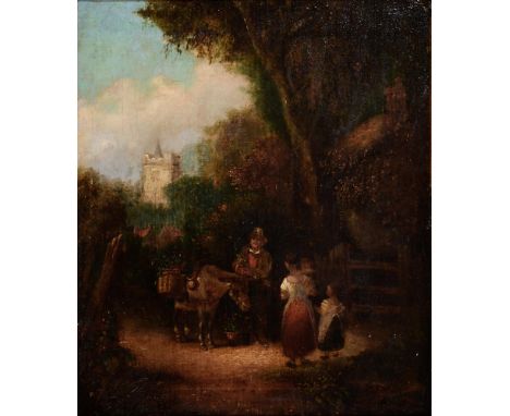 Follower of William Shayer - Figures and a Donkey by a Stile, oil on canvas laid on board, 35 x 29cm  Restored; re-varnished,