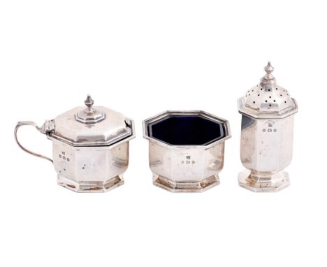 A George V silver condiment set,&nbsp; octagonal, pepperette 82mm, by William Neale Ltd, Birmingham 1928, 3ozs 16dwts (3)  Sl