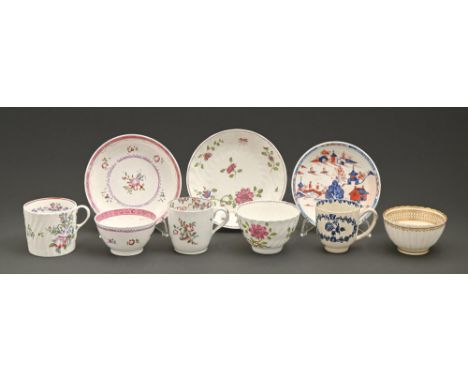 Nine New Hall, Liverpool and other contemporary English porcelain teaware, late 18th c, including three tea bowls, largest sa