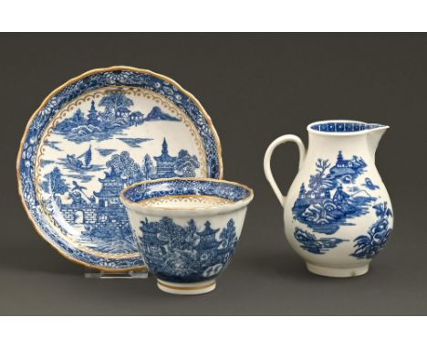 A Caughley blue and white tea bowl and saucer with moulded rim, c1782-1794, transfer printed with the Temple pattern, saucer 