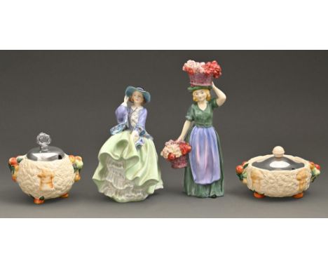 A Royal Doulton bone china figure of Covent Garden, c1930, 22cm h, a Royal Doulton figure of Top o'The Hill and two Clarice C