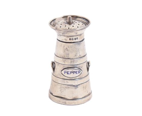 A Victorian silver and enamel milk churn novelty pepperette, 83mm h, marks rubbed, London 1885, 3ozs  Polish wear and minor d