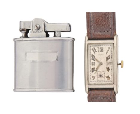 A Namdor Art Deco gold plated rectangular gentleman's wristwatch, c1930, 22 x 32mm and a Ronson lighter, boxed&nbsp; (2)  Nam