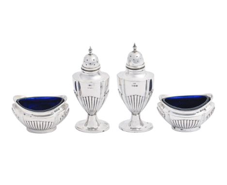 A George V silver condiment set, blue glass liners, pepperette 90mm h, by John Rose, Birmingham 1913, 3ozs 15dwts (4)  Good c