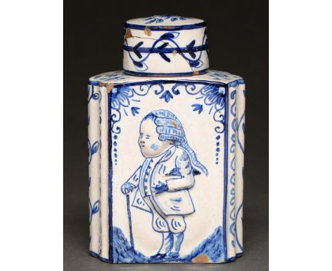 A Dutch Delftware tea caddy and cover, 19th c, moulded to each side with a Macaroni figure, 12.5cm h  Cover broken and re-stu