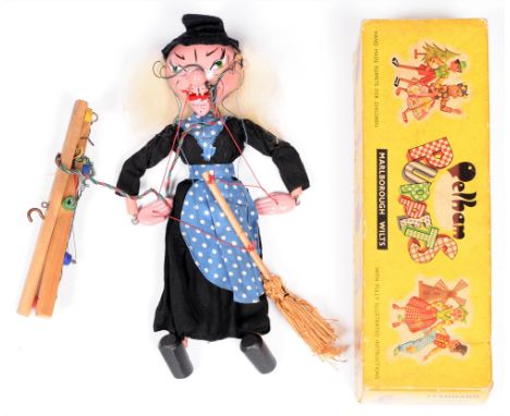 A Pelham puppet, SM Witch, c. 1970,&nbsp;polychrome painted wooden head and limbs, plaster hands, original box  