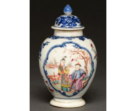 A Chinese export blue and white and famille rose tea caddy and cover, c1780, 13.5cm h  Firing crack in foot