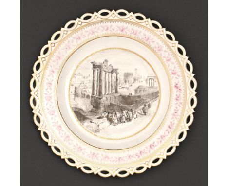 An English porcelain dessert plate, mid 19th c,&nbsp;unusually painted en grisaille with figures in the roman Forum, in pierc