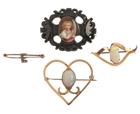 An opal brooch, in gold, 35mm, marked 585, another, a gold safety pin with split pearl initial E and a Victorian jet brooch s