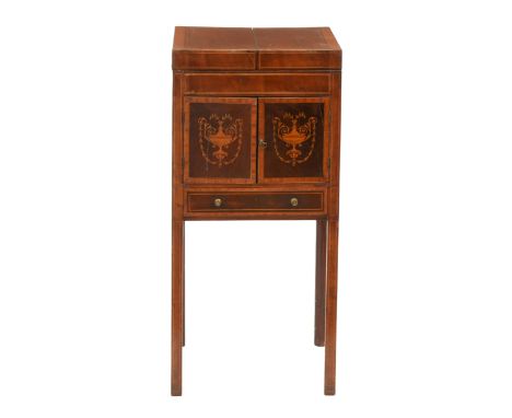 A George III inlaid mahogany enclosed washstand, on square legs, 86cm h; 40 x 40cm  Numerous light marks, minor chips and scu