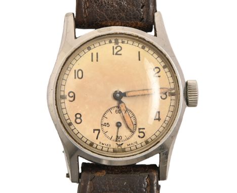 A WWII British Army issue stainless steel wristwatch, 31mm diam, marked on case back STAINLESS STEEL broad arrow A T P 112892