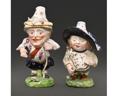 Two Derby figures of Mansion House dwarves, c1830,&nbsp; 17 and 21cm h, one incised No 45  Firing faults and slight damage an