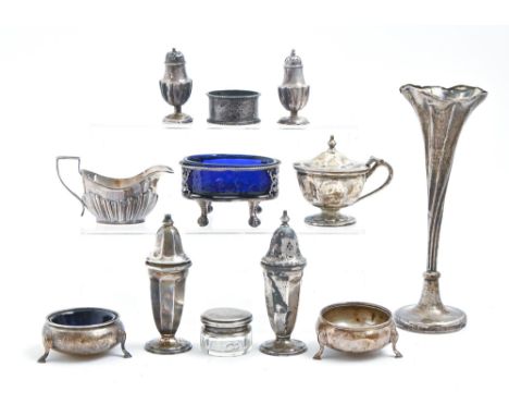 Eight silver condiments, George III - early 20th c, a silver vase, napkin ring, jar with silver cover and an Edwardian silver