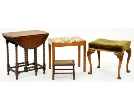 An oak gateleg table, on bobbin turned legs, 66 x 75cm, a walnut dressing stool with cabriole legs and two other stools (4)  