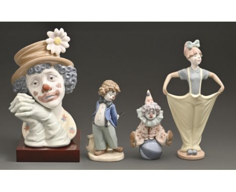 Three Lladro figures and the head of a clown, clown 28cm h, printed mark  
