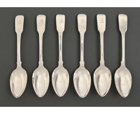 A set of six George IV silver dessert spoons, Fiddle pattern, crested, by Robert Gainsford, Sheffield 1825, 7ozs 8dwts  Even 