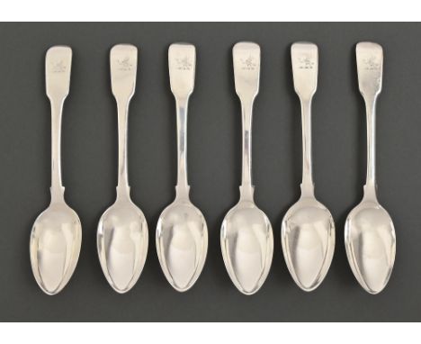 A set of six George IV silver dessert spoons, Fiddle pattern, crested, by Robert Gainsford, Sheffield 1825, 7ozs 8dwts  Even 