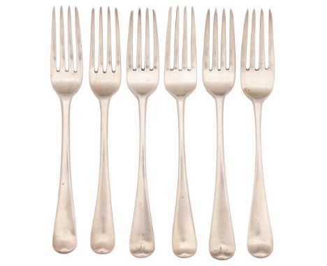 Six George III silver table forks, Old English pattern, all London, by various makers, 11ozs 15dwts  Light wear