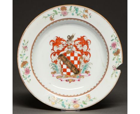 A Chinese armorial soup plate from the Chandler service, c1745, with gilt spearhead cavetto and four enamelled and gilt borde