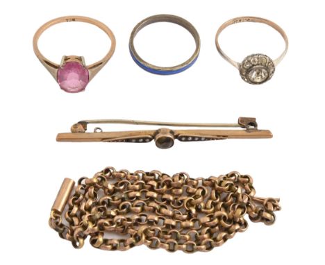 A pink stone ring, in gold, marked 9ct, 2g, size R and four other articles, including a gold chain (5)  Mixed condition