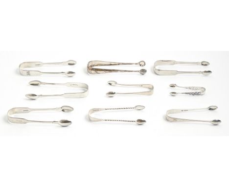 Nine pairs of silver sugar tongs, George III - early 20th c, Fiddle and other patterns, London, Newcastle (2) and Dublin (1),